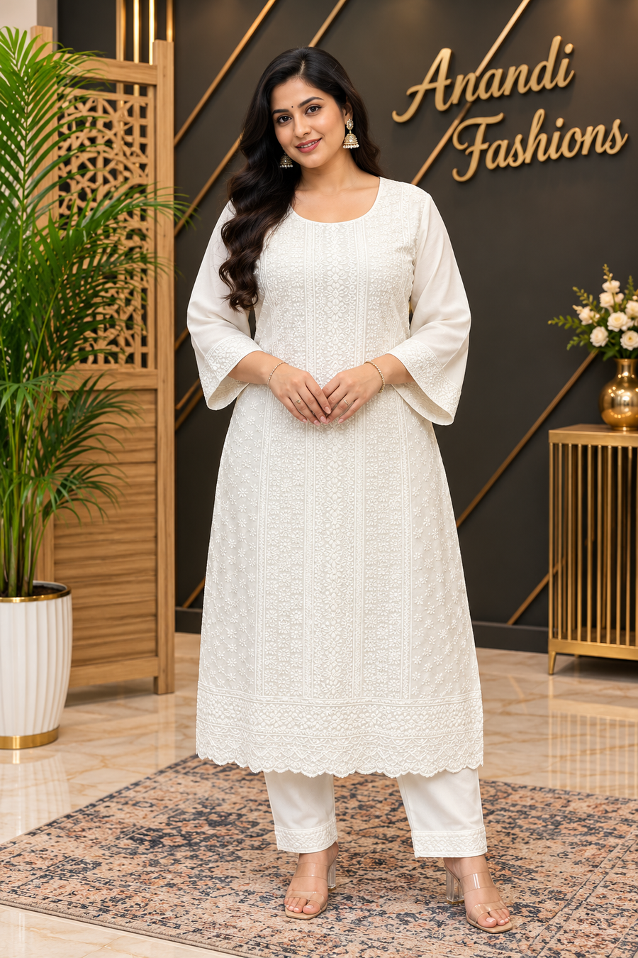 Women’s White Rayon Chikankari 2 – Piece Kurti Set – Plus Size