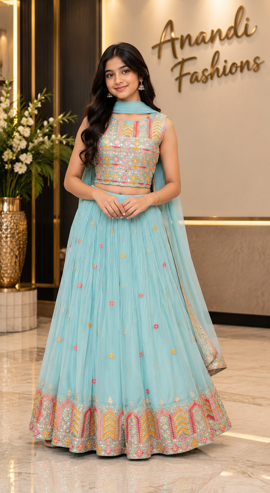 Teenage Girls Blue Georgette Lehenga Set - Girls - Teenage Ethnic Wear - Anandi Fashions