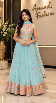 Teenage Girls Blue Georgette Lehenga Set - Girls - Teenage Ethnic Wear - Anandi Fashions