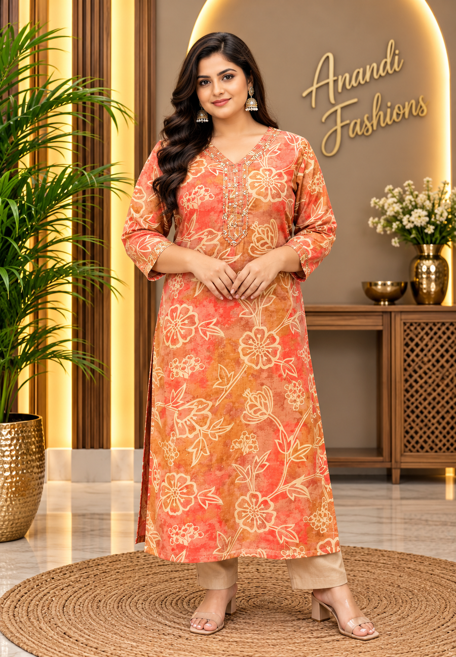 Women’s Peach Cotton Floral Kurti