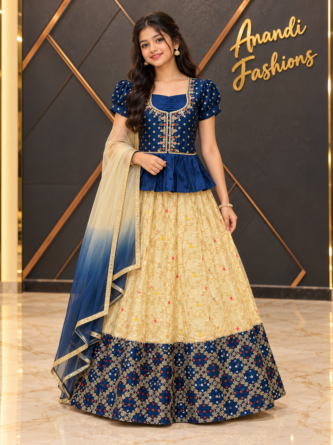Teenage Girls’ Blue Pattu Pavadai set