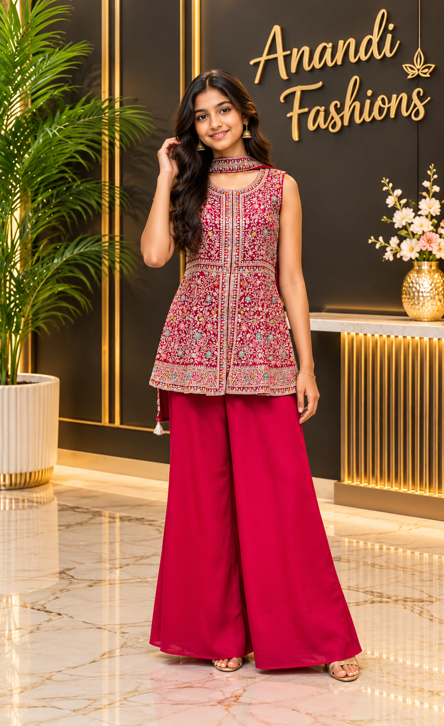 Teenage Girls’ Red Embroidered Sharara Set