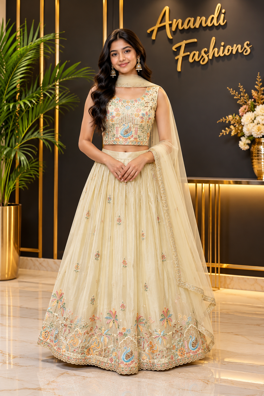 Teenage Girls’’ Gold Tissue Lehenga Set