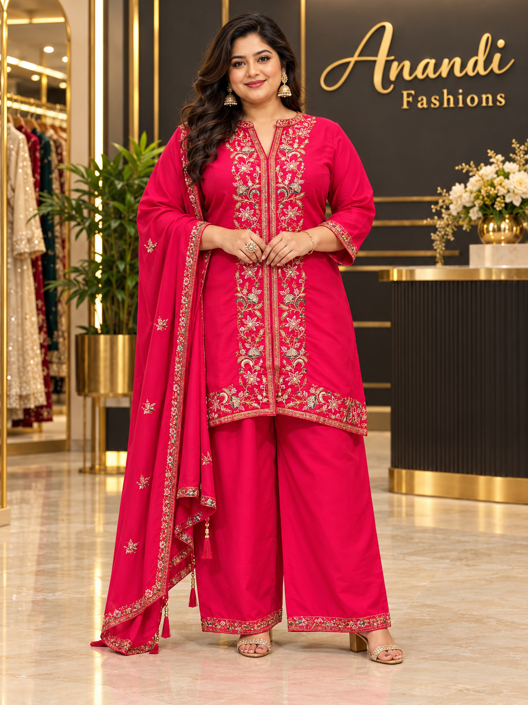Women’s Pink Embroidered Silk Palazzo Set – Plus Size