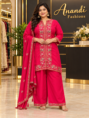 Women’s Pink Embroidered Silk Palazzo Set – Plus Size