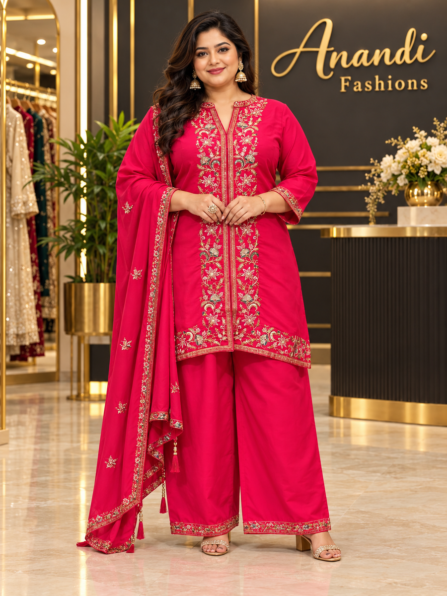 Women’s Pink Embroidered Silk Palazzo Set – Plus Size