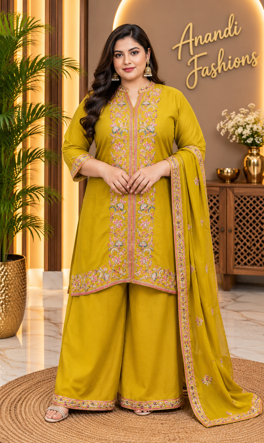 Women’s Green Embroidered Silk Palazzo Set – Plus Size