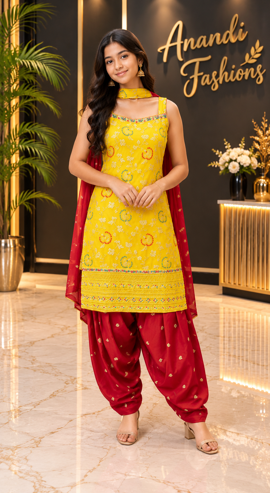 Teenage Girls’ Yellow & Red – Teens patiala / Kurti set