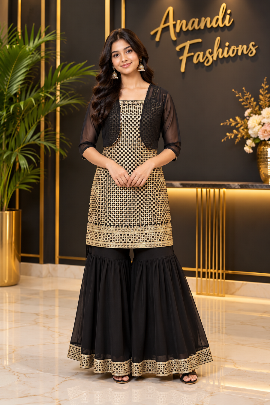 Teenage Girls’’ Black Georgette Sharara Set