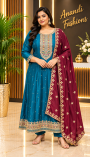 Women’s Teal Blue Silk Anarkali Kurti Set with Gold Buti & Maroon Floral Dupatta – Plus Size