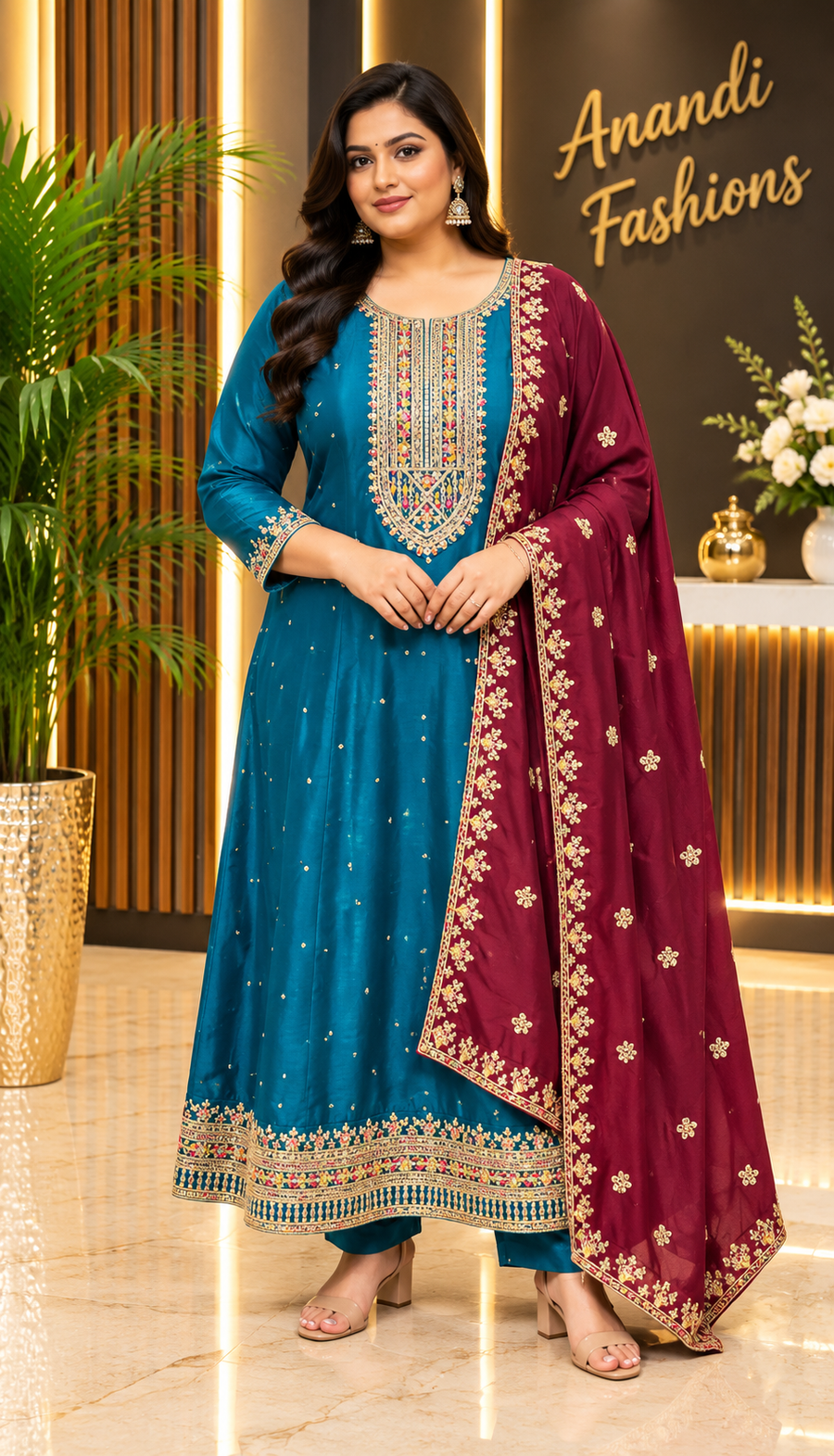Women’s Teal Blue Silk Anarkali Kurti Set with Gold Buti & Maroon Floral Dupatta – Plus Size
