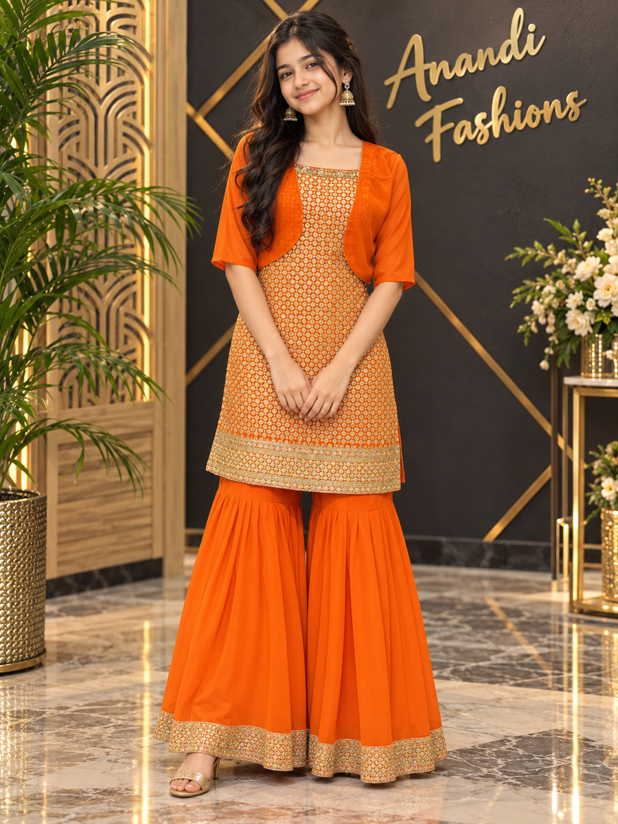 Teenage Girls’’ Orange Georgette Sharara Set