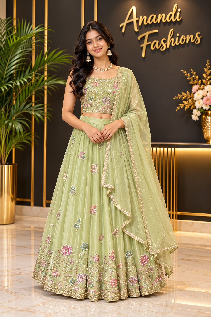 Teenage Girls Green Party Wear Lehenga Set
