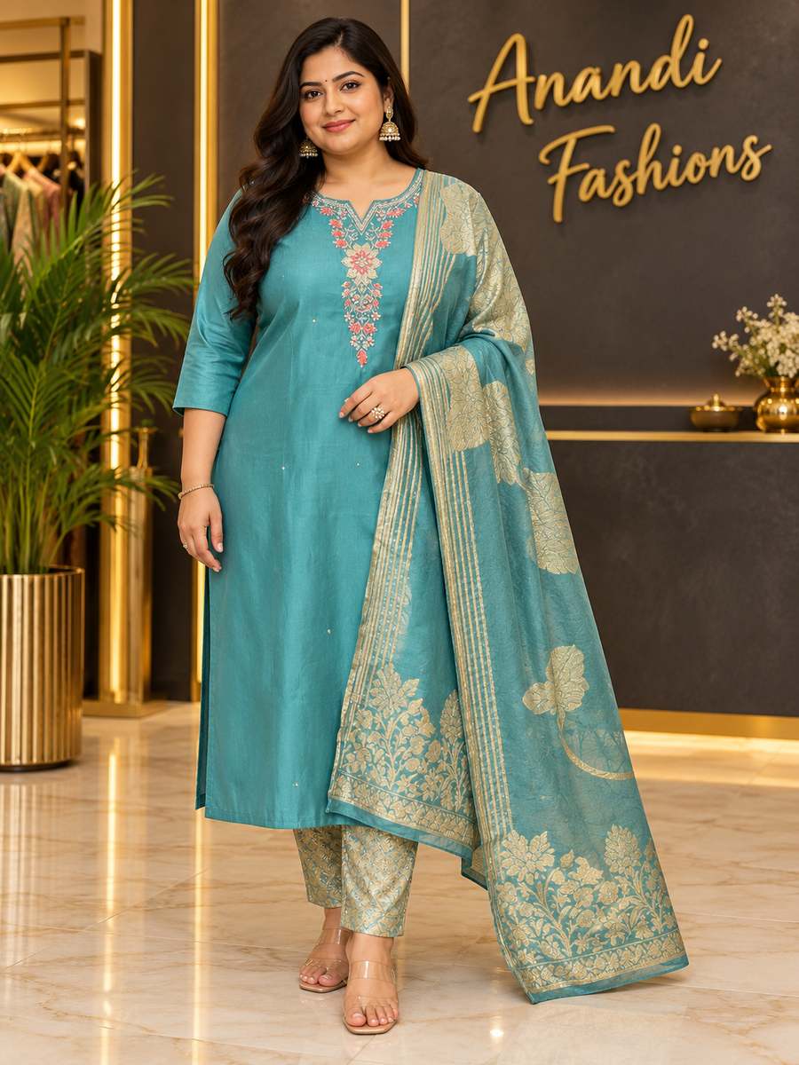 Women’s Shimmery Tissue Blue Kurti Set – Plus Size