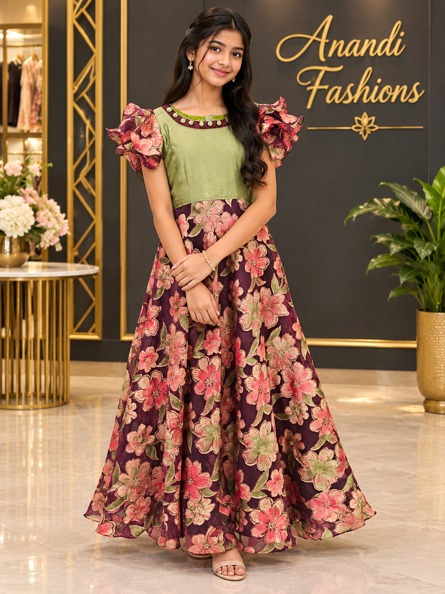 Teenage Girls’’ Satin Silk Floral Brasso Long Dress