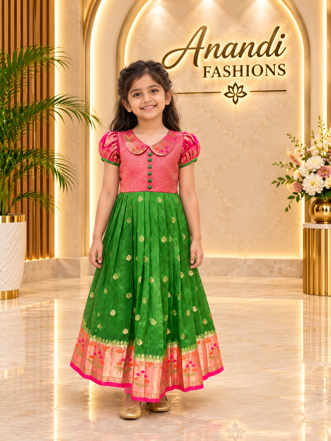 Little Girls' Pink & Green Banarasi Long Dress