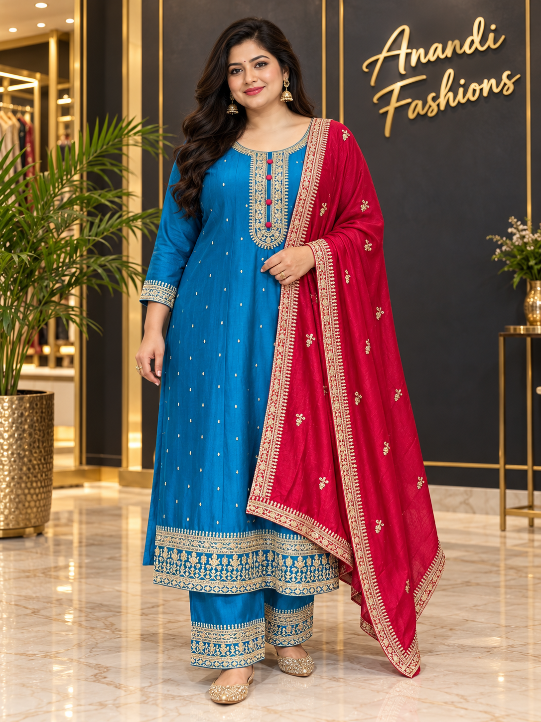 Women’s Blue Vichitra Silk Anarkali Kurti Set – Plus Size