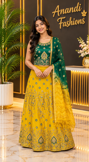 Teenage Girls’’ Yellow Embroidered Gold Thread Work Lehenga Set