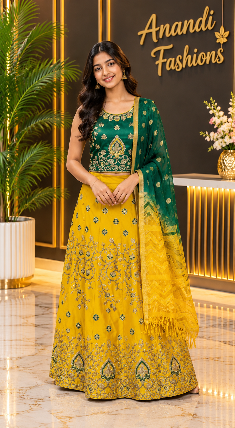 Teenage Girls’’ Yellow Embroidered Gold Thread Work Lehenga Set
