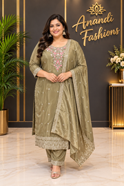 Women’s Olive Green H.O. Silk Kurti Set – Plus Size