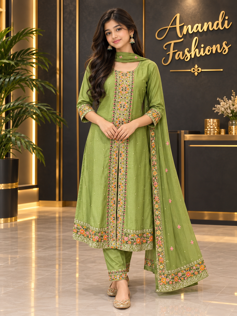 Teenage Girls’’ Light Green Embroidered Anarkali Churidar Set