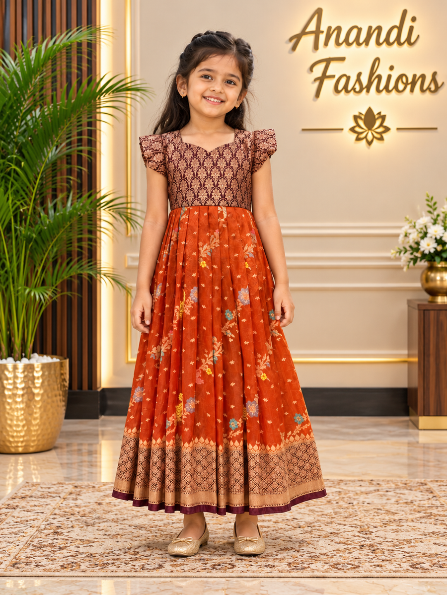 Little Girls’ Orange Banarasi Long Dress