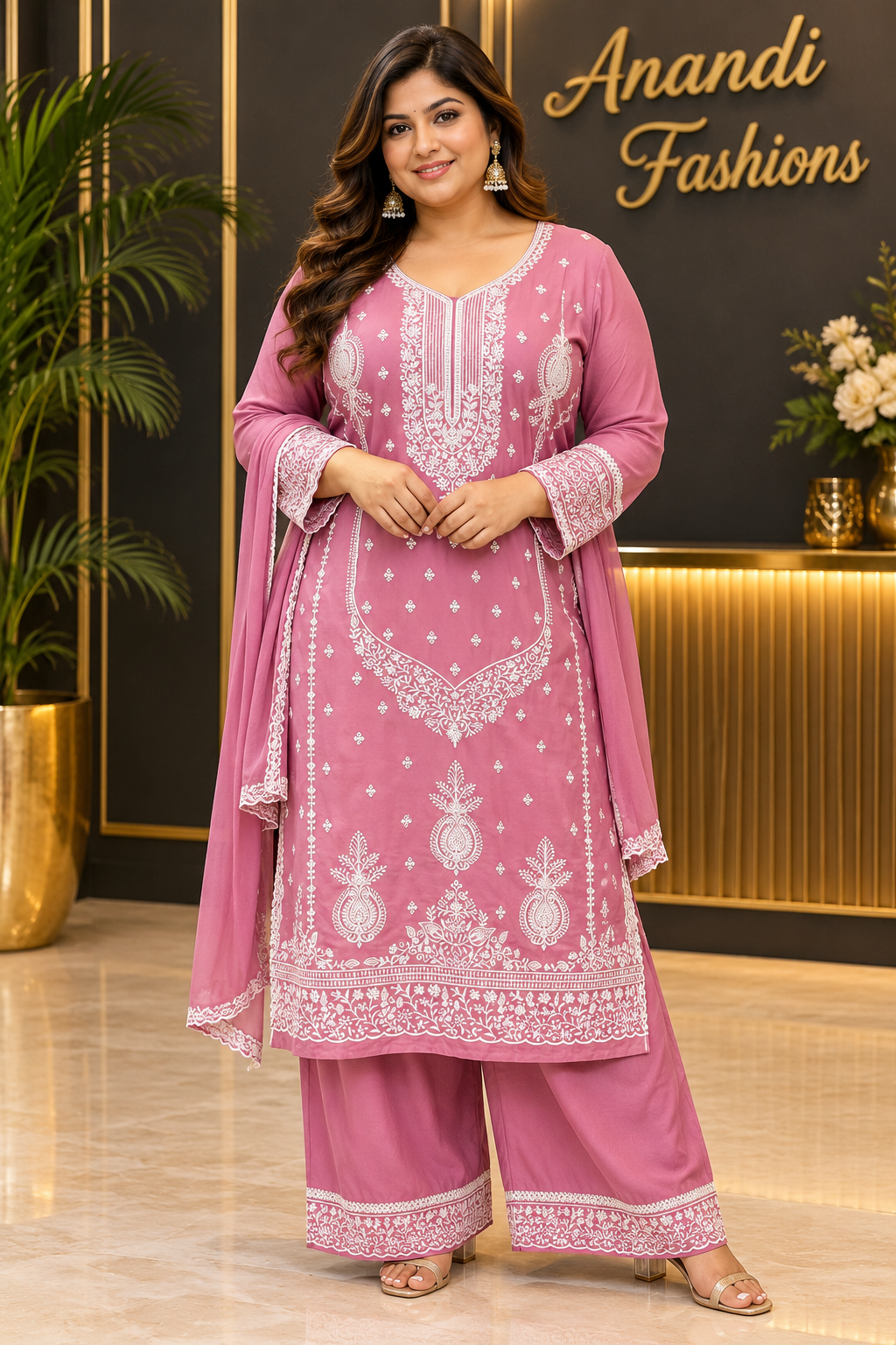 Plus size Pink Rayon Chikankari set