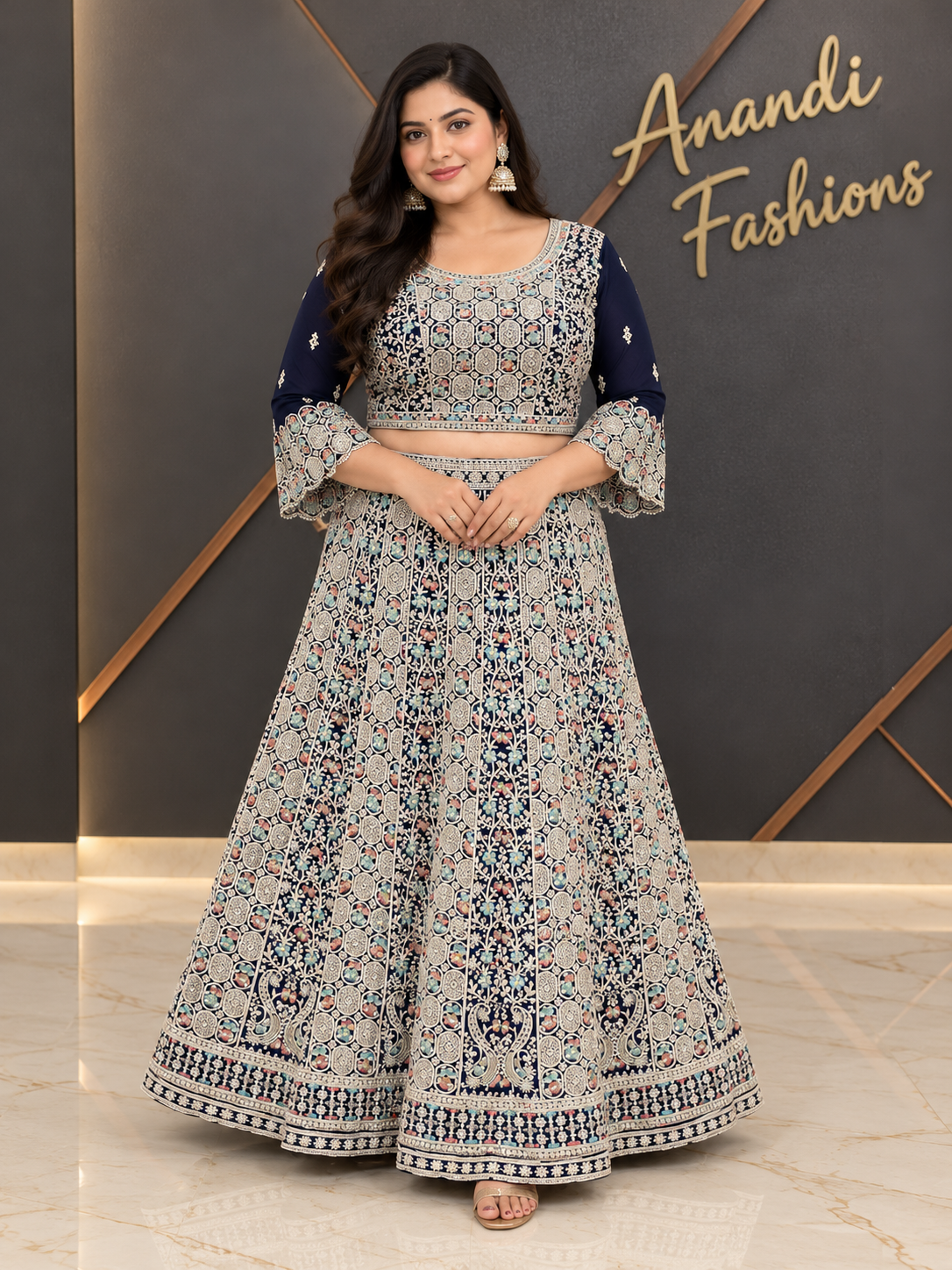 Women’s Royal Blue Heavy Work Georgette Lehenga Set – Plus Size