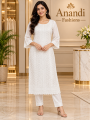Women’s White Rayon Chikankari 2 – Piece Kurti Set – Plus Size - Women - Kurti Set - Anandi Fashions