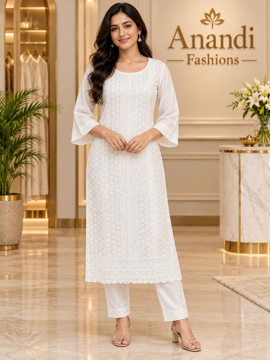 Women’s White Rayon Chikankari 2 – Piece Kurti Set – Plus Size - Women - Kurti Set - Anandi Fashions