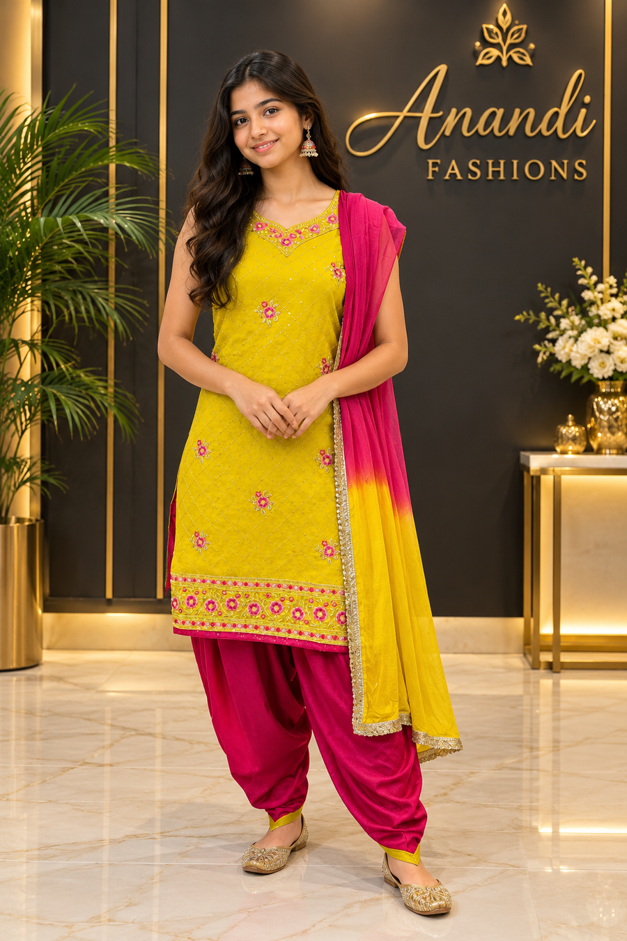 Teenage Girls’’ Green Satin Silk Patiala Suit