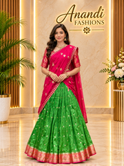 Women’s Green & Pink Banarasi Half Saree / Lehenga Set