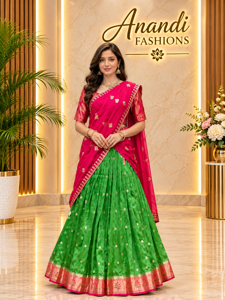 Women’s Green & Pink Banarasi Half Saree / Lehenga Set
