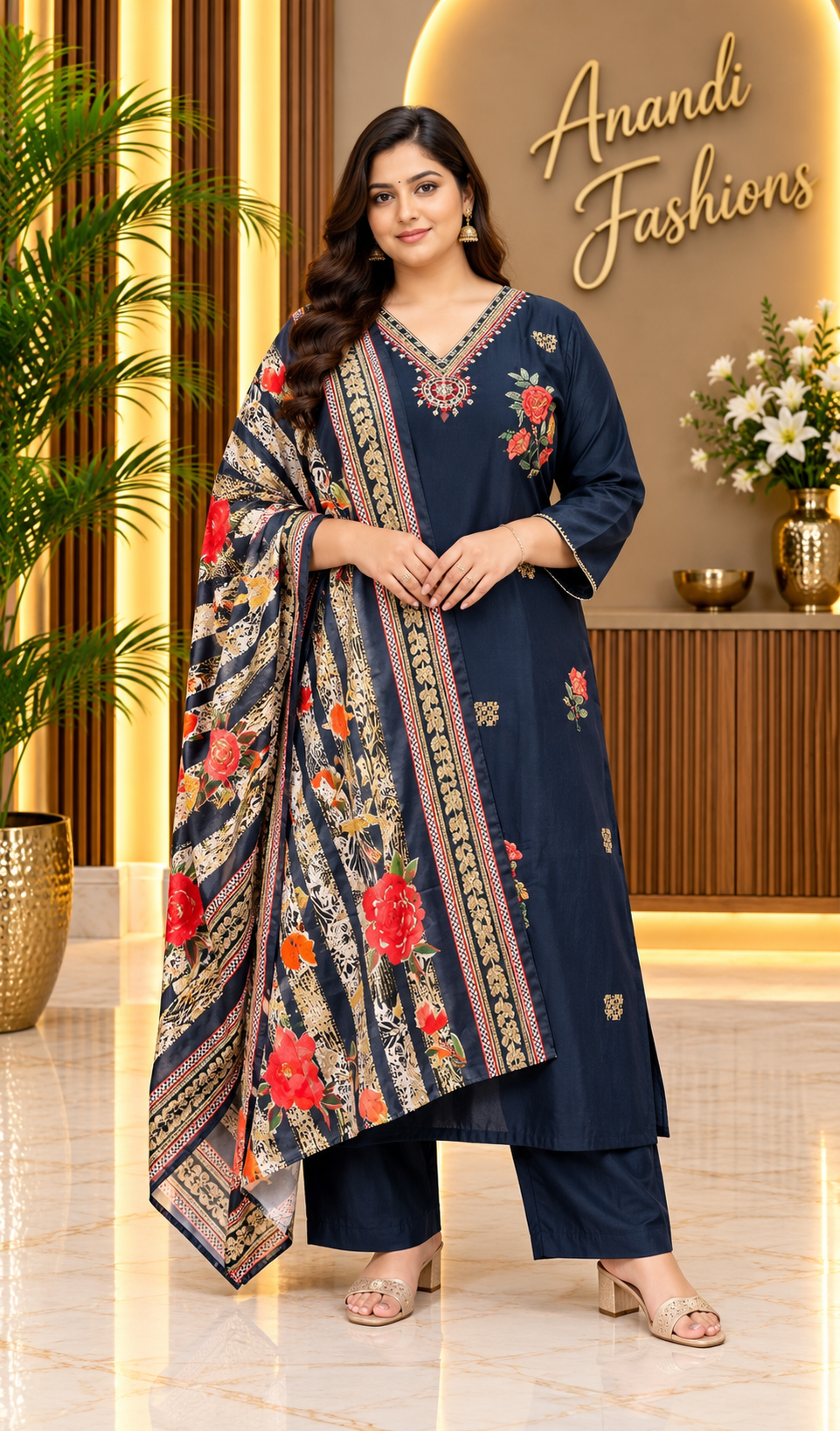 Women’s Navy Blue Roman Silk with Embroidery Kurti Set