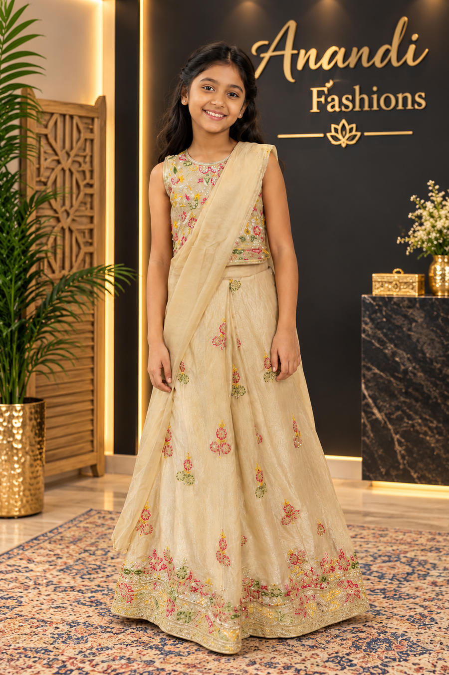 Little Girls’ Gold Tissue Saree