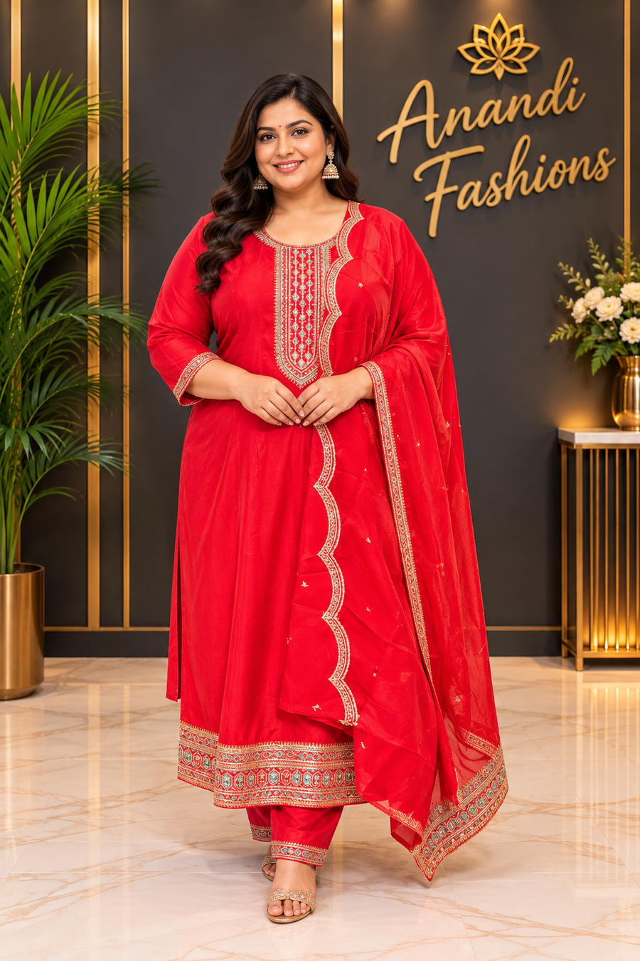 Women’s Shimmery Orange Anarkali Kurti Set – Plus Size