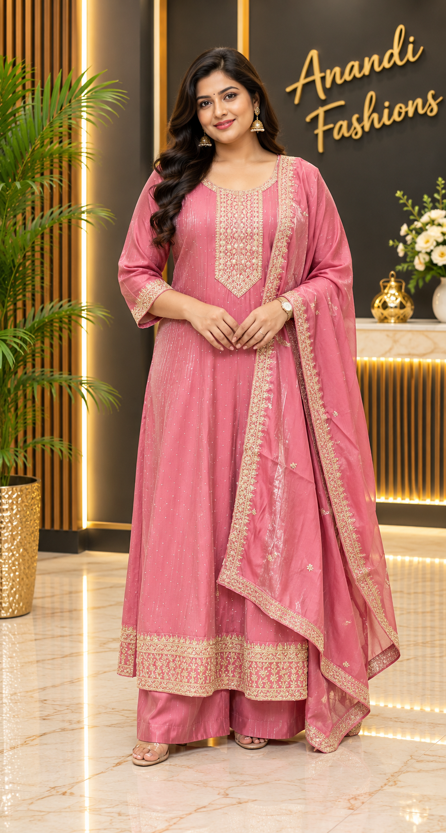 Women’s Pink Anarkali Kurti Set – Plus Size