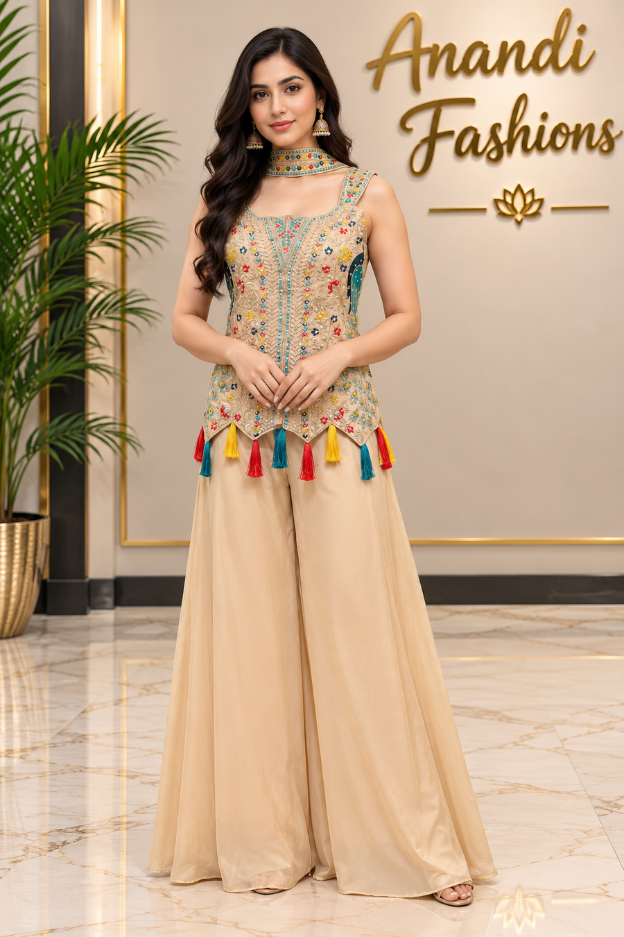 Women’s Peacock Design Satin Silk Palazzo Set