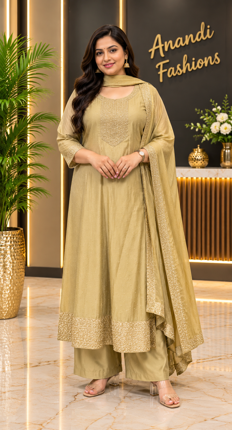 Women’s Gold Anarkali Kurti Set with Matching Dupatta – Plus Size