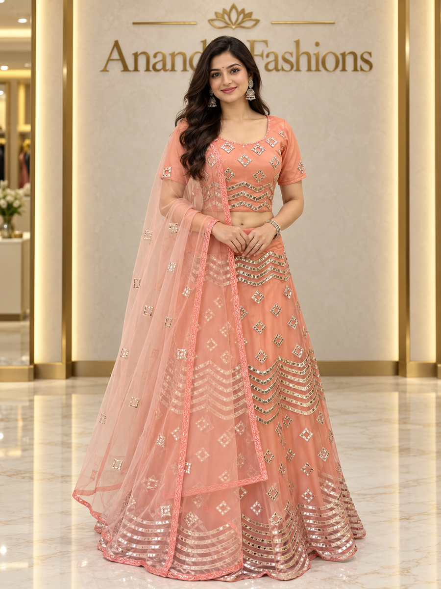 Women’s Pink Mirror Work Lehenga Set Party & Wedding