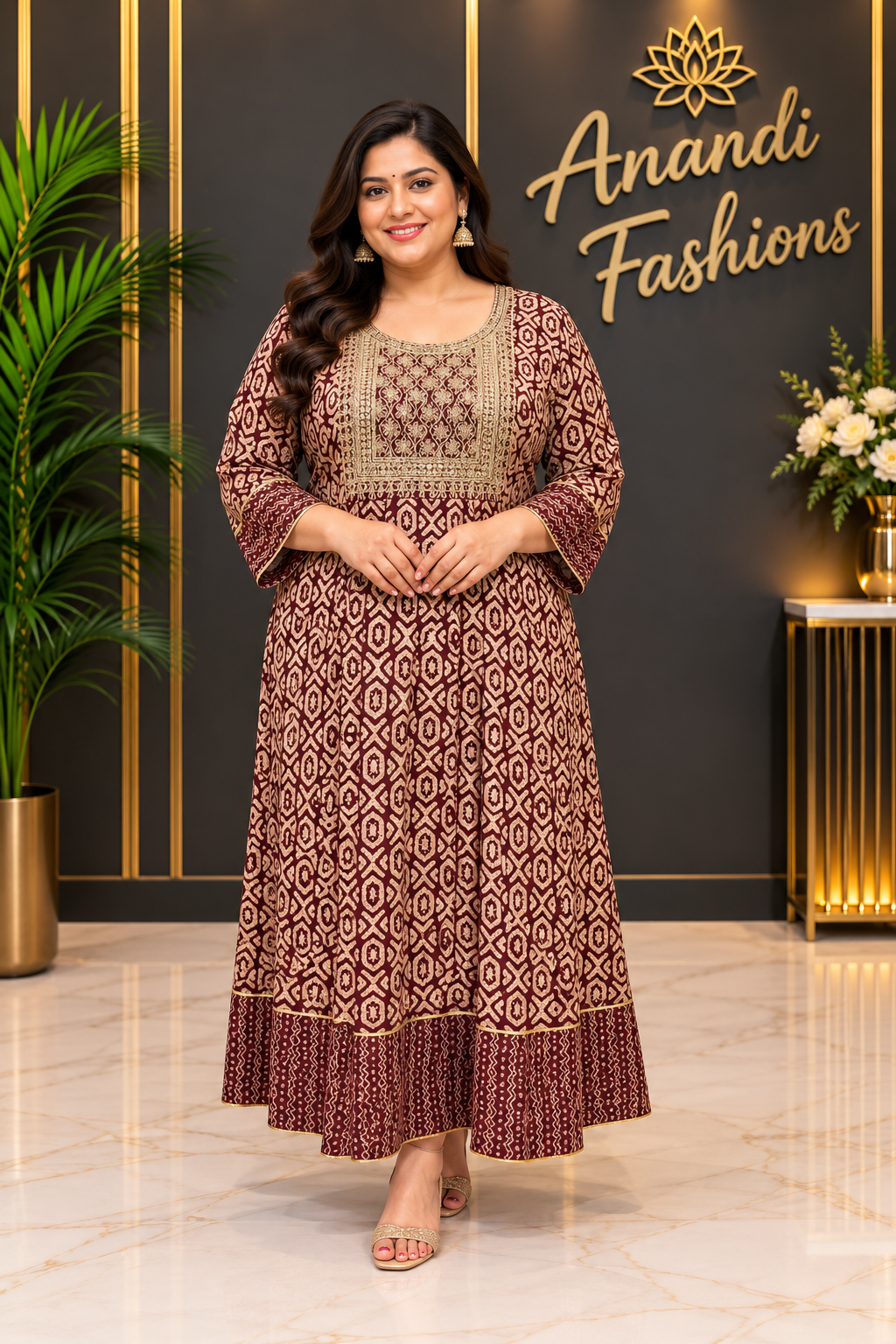 Women’s Rayon Ajrakh Print Anarkali Long Kurti – Plus Size