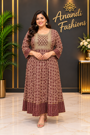 Women’s Rayon Ajrakh Print Anarkali Long Kurti – Plus Size