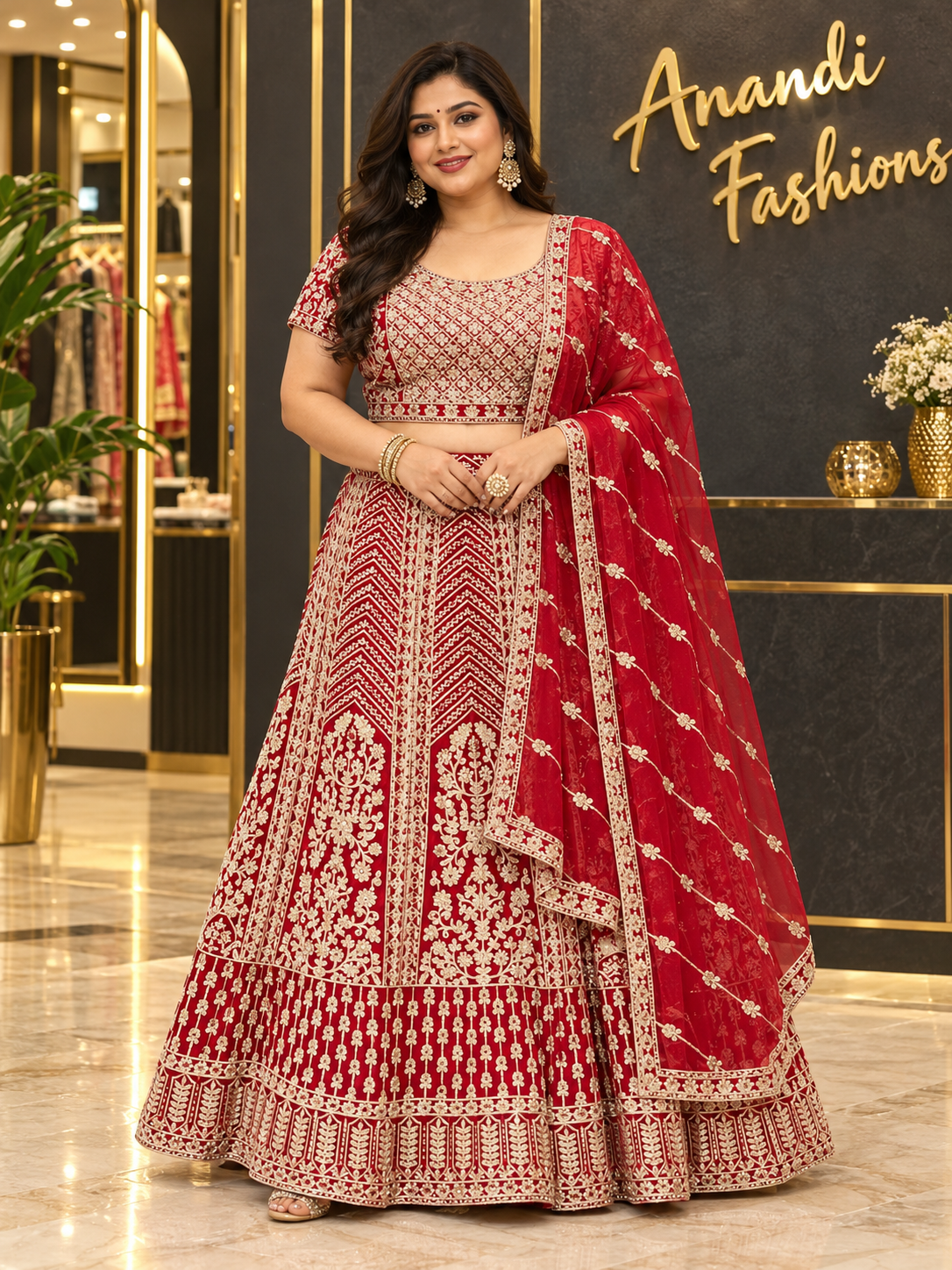 Women’s Red Heavy Work Lehenga Set – Plus Size
