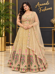 Women’s Light Gold Heavy Work Net Lehenga Set – Plus Size