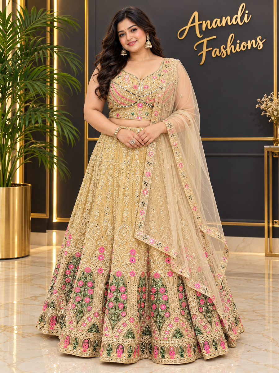 Women’s Light Gold Heavy Work Net Lehenga Set – Plus Size