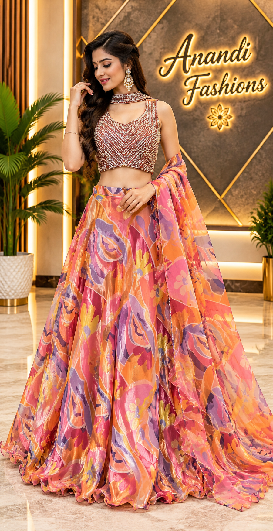 Women’s Multicolor Tropical Print Chiffon Ruffle Lehenga Set