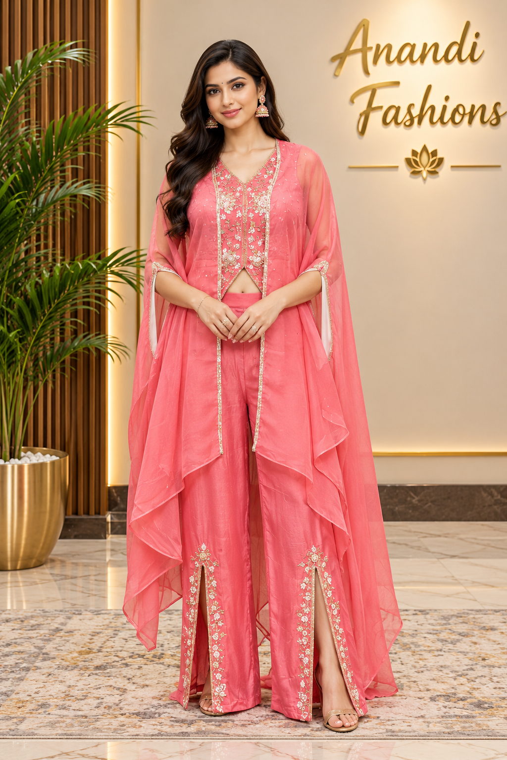 Women’s Pink Satin Silk Indo – Western Set with Vest
