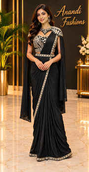 Women's Ready-to-Wear Saree with Gold Cape Blouse