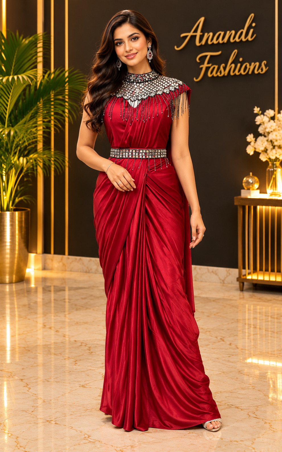 Women's Wine Satin Ready-to-Wear Saree with Crystal Fringe Blouse