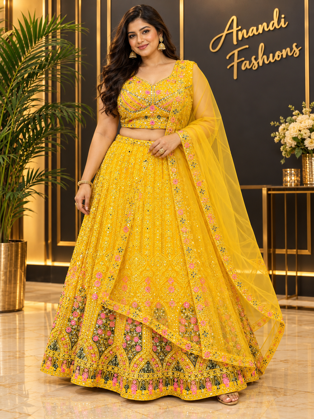 Women’s Yellow Heavy Work Net Lehenga Set – Plus Size
